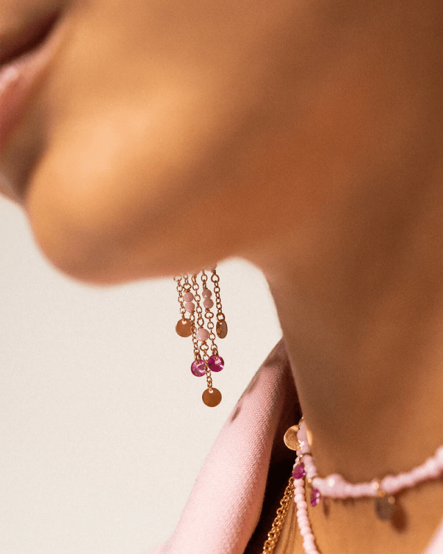 Mono-Orecchino Hoop Con Catene E Pendenti Rosa - or-031 m3 r au